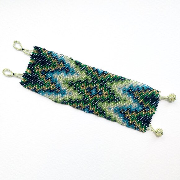 Handmade Wide Seed-Bead Cuff Bracelet with Geometric Design - Picture 3 of 7